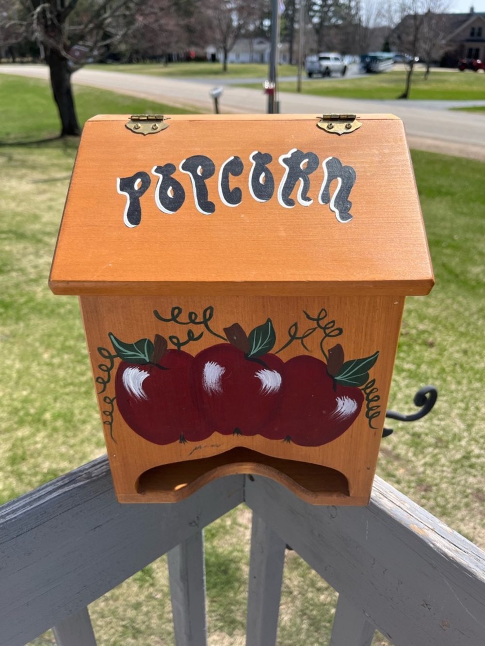Hand-Painted Wooden Popcorn Box - Red Apple Motif